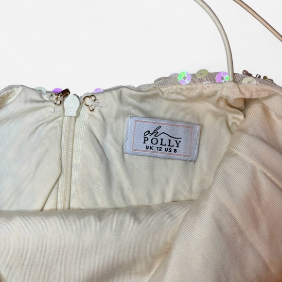 Oh Polly White Sequin Mini Dress SZ 8 Spaghetti Strap, Cross Back, Lined, Bridal - Picture 4 of 5
